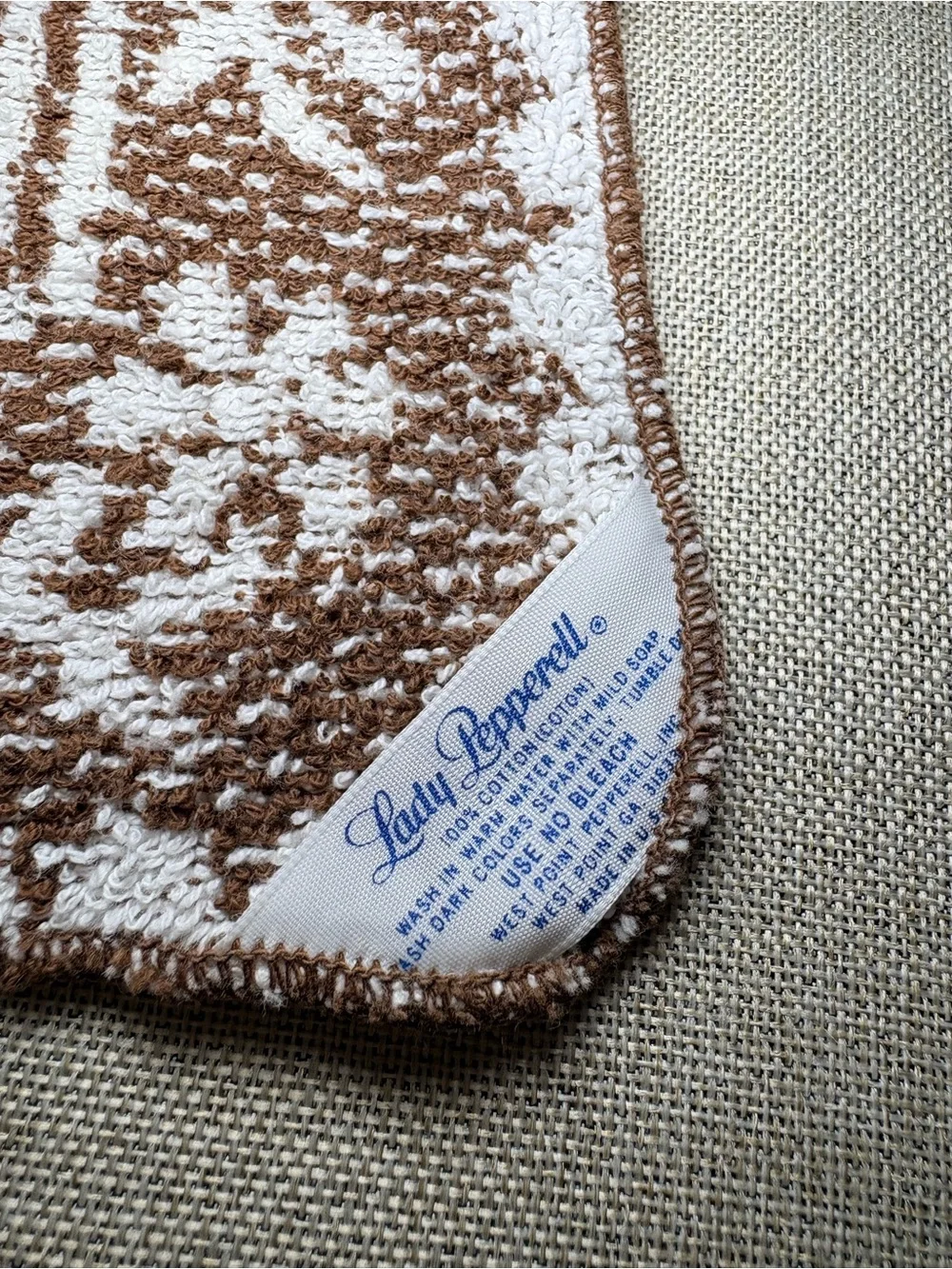 Vintage Lady Pepperell Floral Terry Cloth Washcloth Brown White US Made